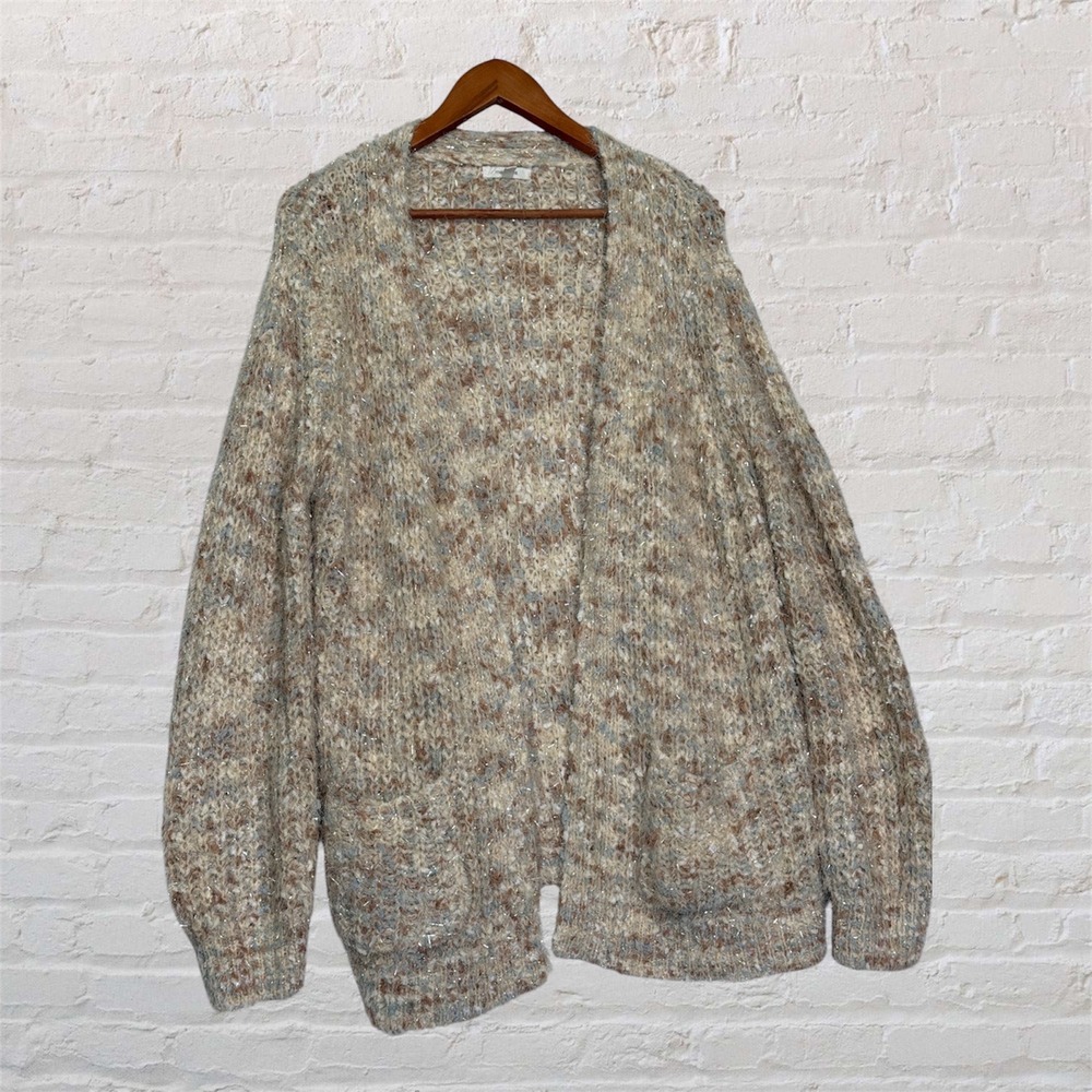 Maurices XL Eyelash Knit Metallic Shimmer Open Cardigan Sweater Tan Blue Cream